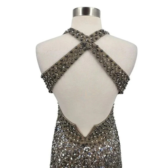 BG Haute Women's Silk V-Neck Silver Floor Length Sequin Evening Gown Size 0 NWOT - Picture 6 of 16
